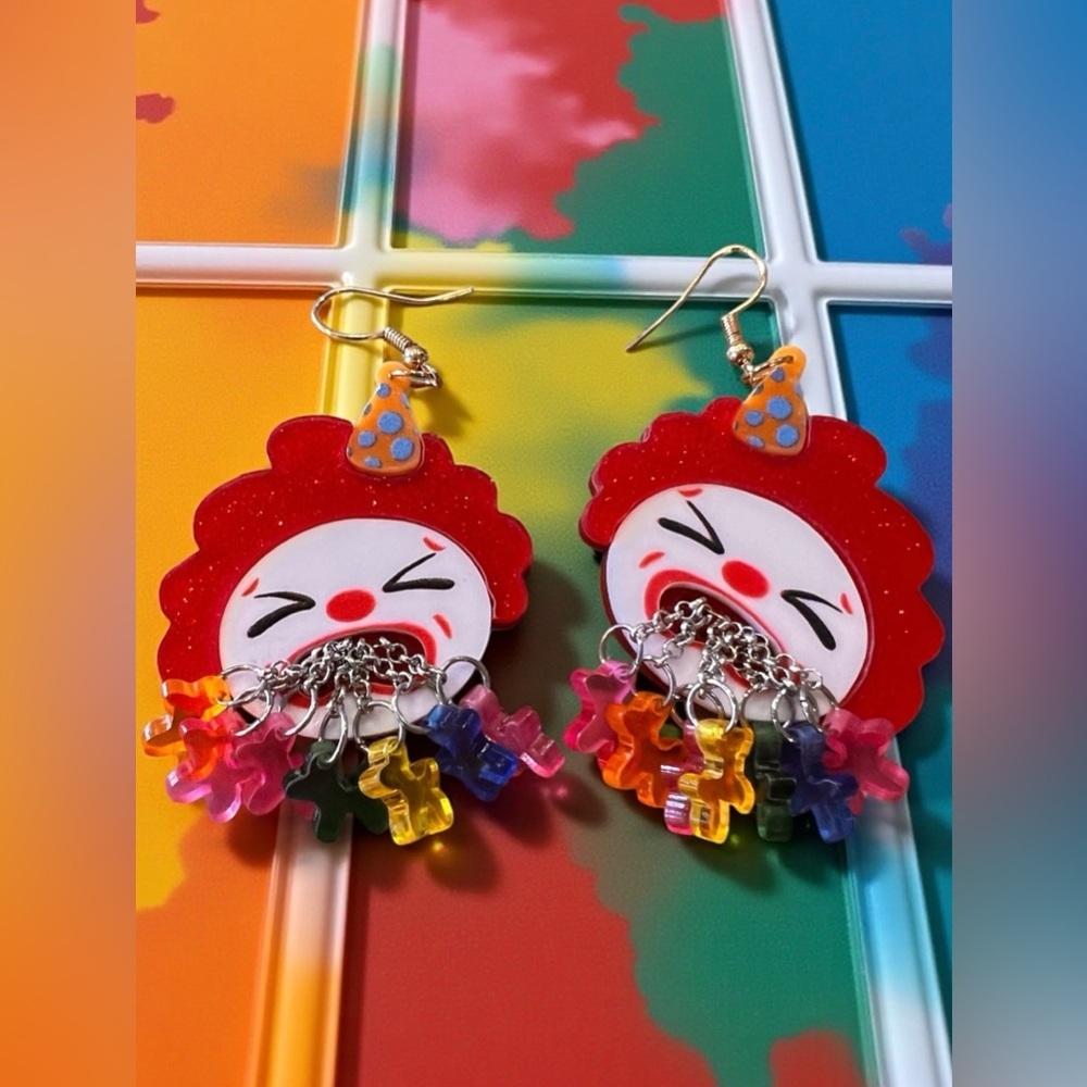 Colorful Vomiting Balloon Animals Clown Face Earrings